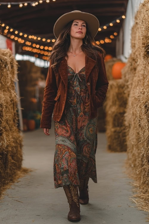 A curvy woman in a corduroy jacket over a paisley maxi dress, styled with cowboy boots and a felt hat, walking near hay bales and string lights at a country concert