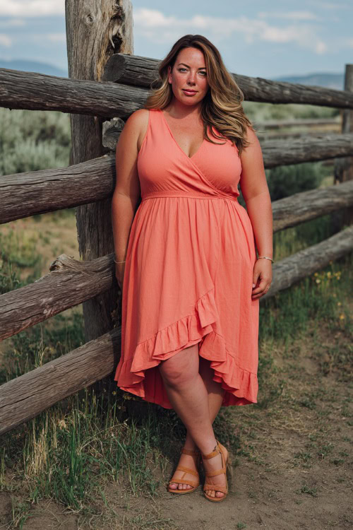 A plus-size woman in a bold coral midi dress with ruffle trim and tan sandals, posing beside a rustic wooden fence at a countryside summer wedding