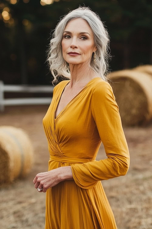 A woman over 50 wears a mustard long-sleeve wedding guest dress with a wrapped bodice