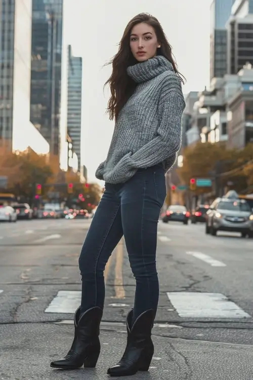 a woman wears a grey sweater, jeans and black cowboy boots