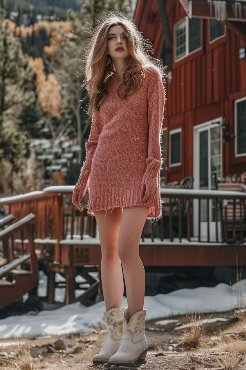 A woman wears white cowboy boots with a sweater pink dress