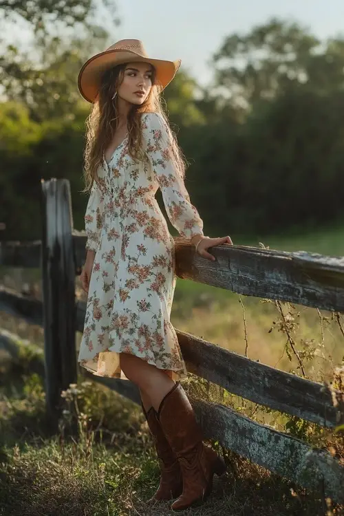 A woman in a soft pastel floral dress, brown cowboy boots, and a sun hat, standing beside a wooden fence at a country wedding (2)