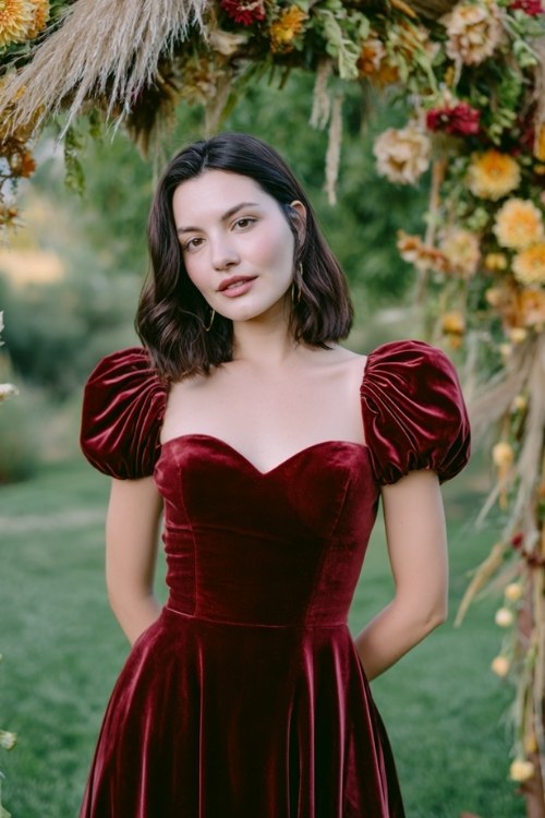 a woman in a burgundy velvet fit-and-flare dress with puff shoulders and a sweetheart neckline