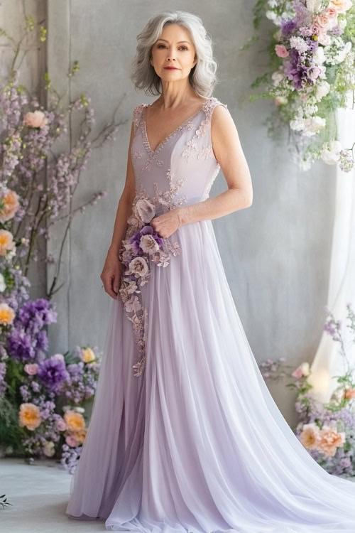 A stylish woman over 50 in a pastel lavender sleeveless A-line maxi dress with floral appliqueÌs, a flowing hemline, and a scalloped neckline