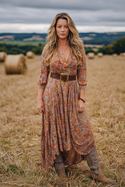 A woman wears a long floral maxi dress in earthy tones, paired with suede cowgirl boots and a leather belt, posing in an open field wedding with hay bales and a wooden dance floor