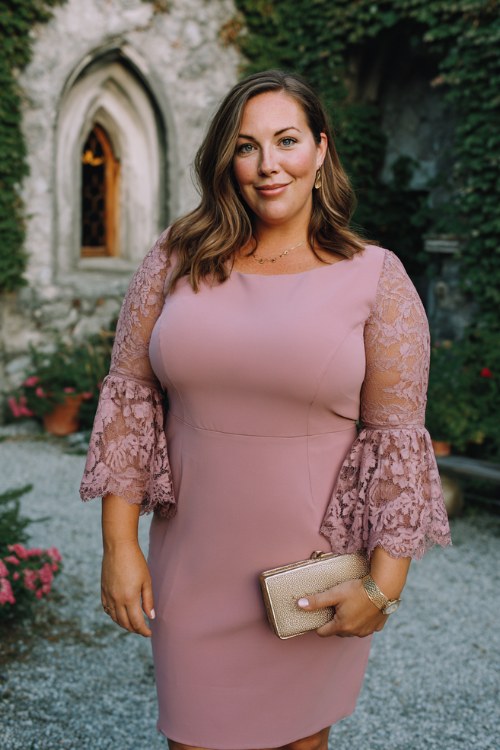 A plus-size woman over 50 wears a dusty rose midi dress with romantic bell sleeves
