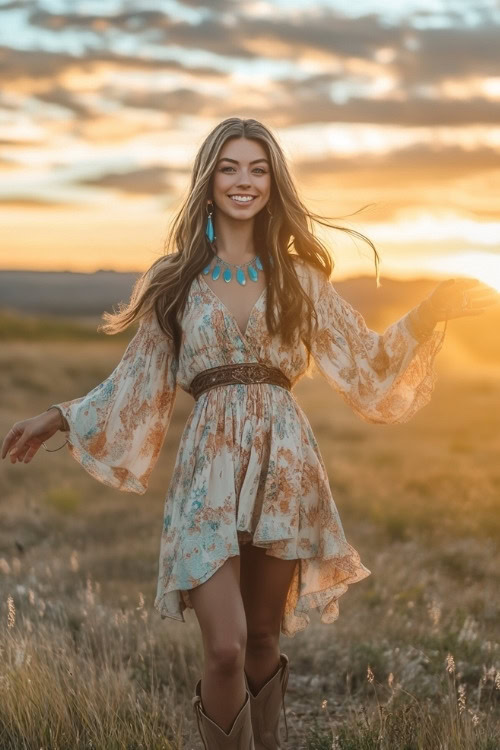 A woman wears a knee-length, loose-fitting boho dress with bell sleeves in soft pastel colors, matched with distressed beige cowboy boots (2)
