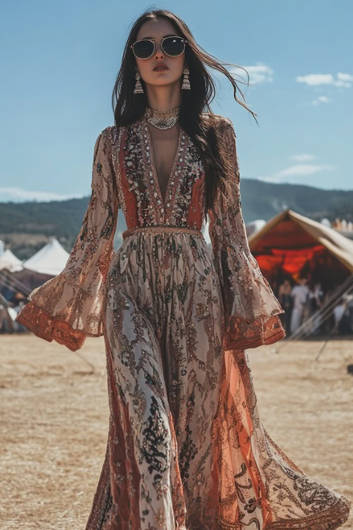 A confident woman in a loose embroidered maxi dress with a high neckline and bell sleeves, paired with platform sandals and oversized sunglasses