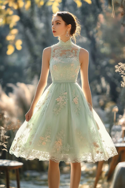 A woman in a pastel mint green sleeveless short bubble dress with floral lace appliqueÌs, a ruched bodice