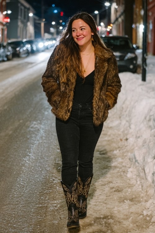 A curvy woman wears black skinny jeans, a faux fur coat and cowboy boots outfit for fall winter