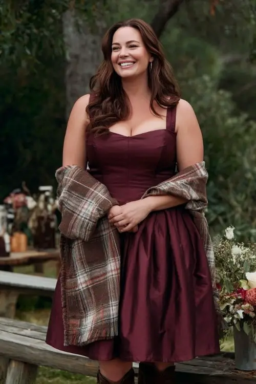 A plus-size woman wears a burgundy fit-and-flare dress with a square neckline and thick straps, styled with a plaid wool wrap and tall boots