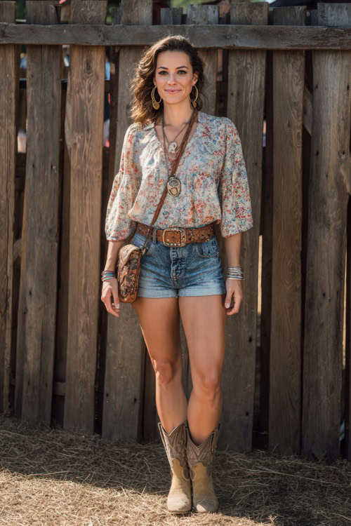 A midsize woman dressed in rolled-up denim shorts, a floral peasant blouse, and tan ankle cowboy boots, accessorized with a belt bag and hoop earrings