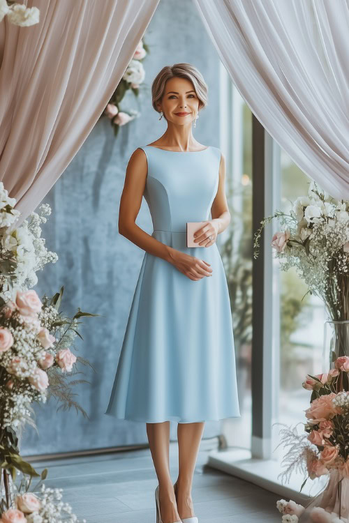 A stylish woman over 40 in a pastel blue midi dress with an illusion neckline and fitted waist, holding a small clutch while standing near a wedding venue s entrance
