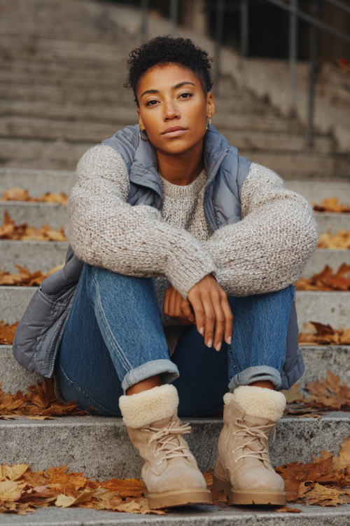 Cozy and casual look with a Black woman wearing an oversized sweater, puffer vest, jeans, and UGG boots, sitting on outdoor cafeÌ steps surrounded by autumn leaves