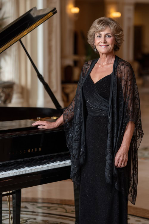 A woman over 50 wearing a fitted black evening gown with a sheer cape overlay and subtle sequins, standing beside a grand piano in an elegant ballroom