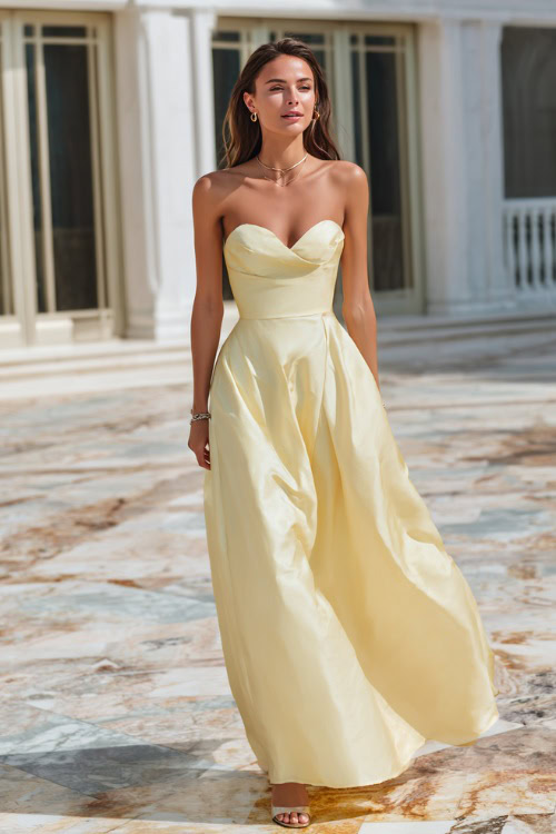 A woman in a pastel yellow satin gown with a sweetheart neckline and minimal accessories, walking across a marble patio at a high-end summer wedding