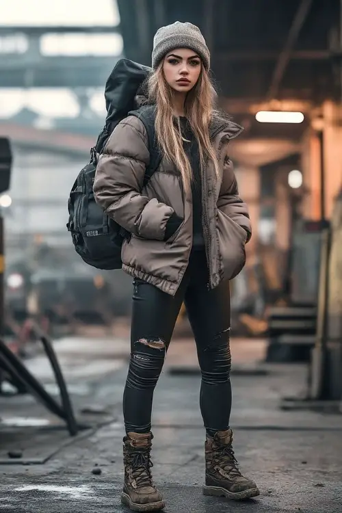 A young woman in a puffer jacket, faux leather leggings, and combat boots