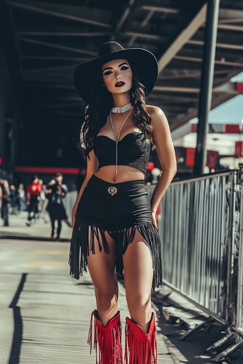 A bold Western-inspired concert look with red cowboy boots, a black mini dress with fringe details, and a wide-brim black hat (4)