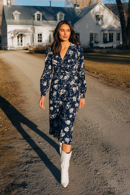 A woman wears a navy floral dress with long sleeves and pointed-toe white boots