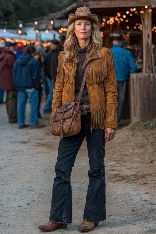 A woman over 40 wears a suede fringe jacket over a knit turtleneck, paired with dark bootcut jeans and cowboy boots, holding a leather bag at a lantern-lit country concert