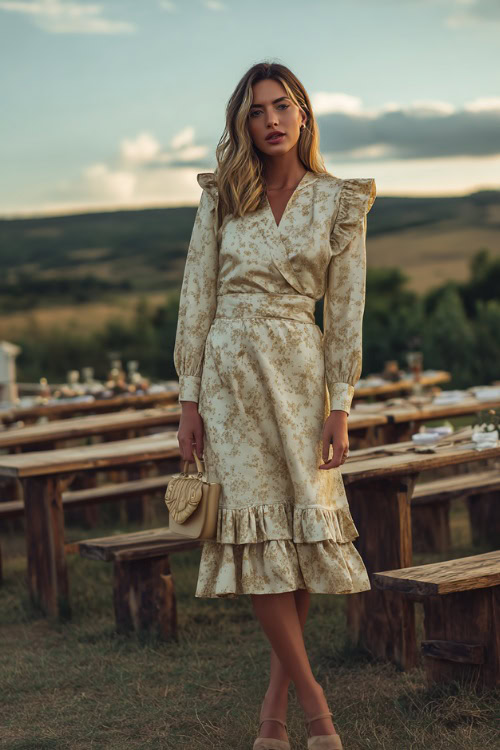 A woman wears a cream floral long-sleeve midi dress with ruffle details, styled with flat sandals and a small handbag, standing in a countryside outdoor reception with wooden benches