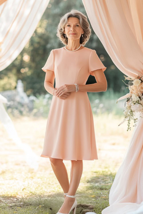 A mature woman in a soft peach knee-length A-line dress with short sleeves and a cinched waist, accessorized with a pearl bracelet and strappy heels