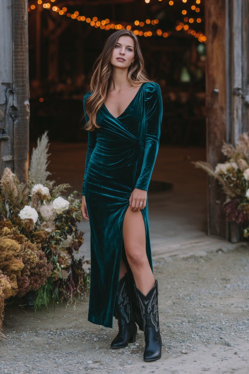 A full-body image of a woman in a long-sleeve emerald velvet dress with a thigh slit and fitted waist, styled with black cowboy boots