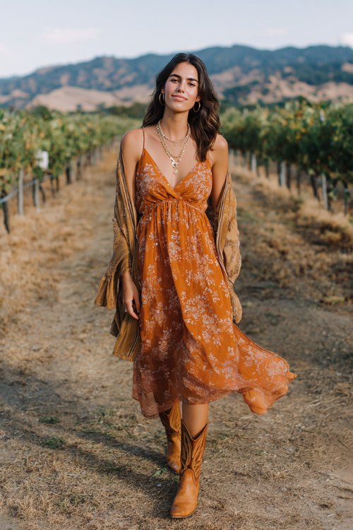a woman wears a flowing midi dress in burnt orange, featuring sheer chiffon overlay and delicate floral embroidery, paired with tan distressed cowboy boots, a wrap draped over the shoulders