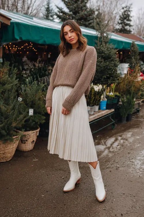 A woman over 35 wears white cowboy boots with a knit sweater and a long pleated skirt