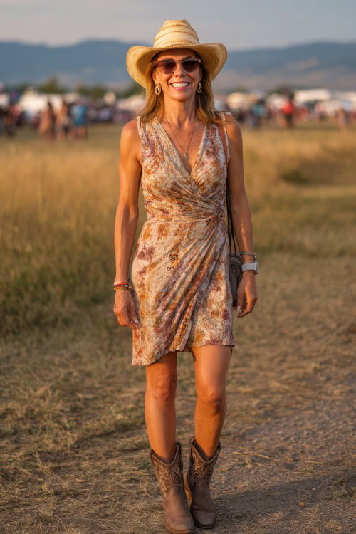 A woman over 40 wearing a printed sleeveless wrap dress with western boots and a straw hat, accessorized with simple earrings and a small crossbody bag