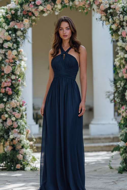 A woman wearing a floor-length navy chiffon gown with an empire waist and subtle pleats, standing beneath a grand floral arch at an upscale summer wedding