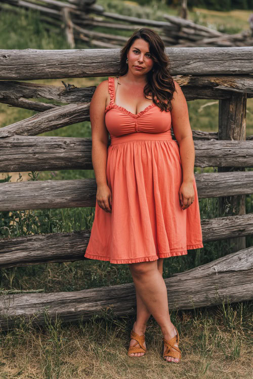 A plus-size woman in a bold coral midi dress with ruffle trim and tan sandals, posing beside a rustic wooden fence at a countryside summer wedding