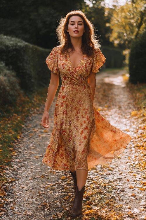 A woman wearing a floral-print midi dress in warm autumn tones with flutter sleeves and a flowing skirt