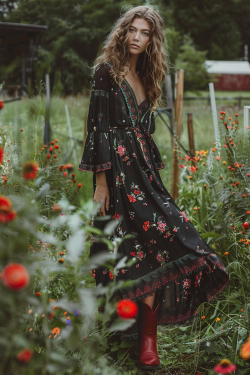 A woman wears red cowboy boots with a black floral maxi dress