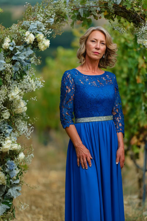 A woman over 50 wearing a royal blue A-line gown with lace sleeves and a silver belt, standing beside a floral arch in a vineyard setting, full body view