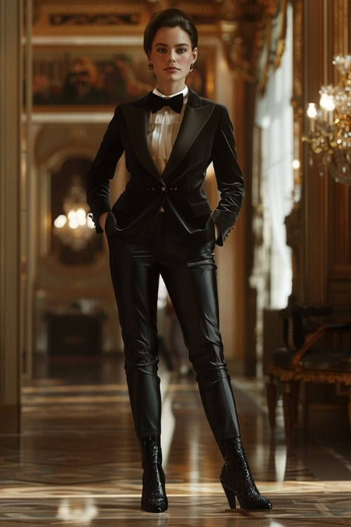 a woman wears sparkly black cowboy boots with a tuxedo
