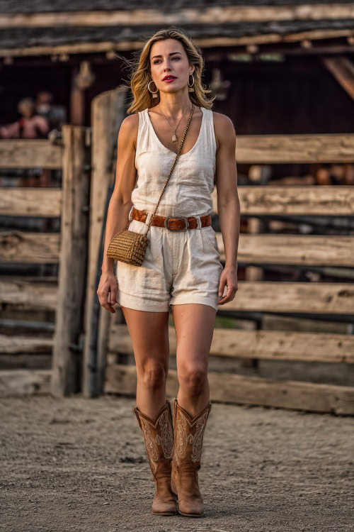 A woman in linen shorts, a tucked-in sleeveless top, and tan cowboy boots, accessorized with simple hoop earrings and a straw crossbody bag