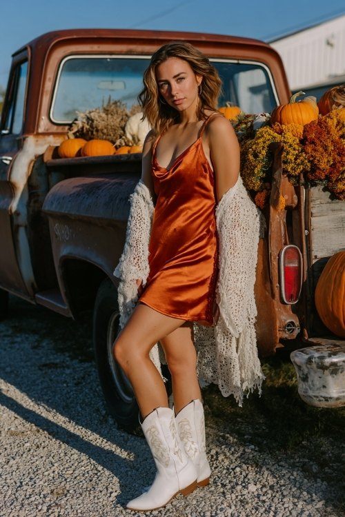 a woman wears a satin slip dress with lace shawl and white cowboy boots