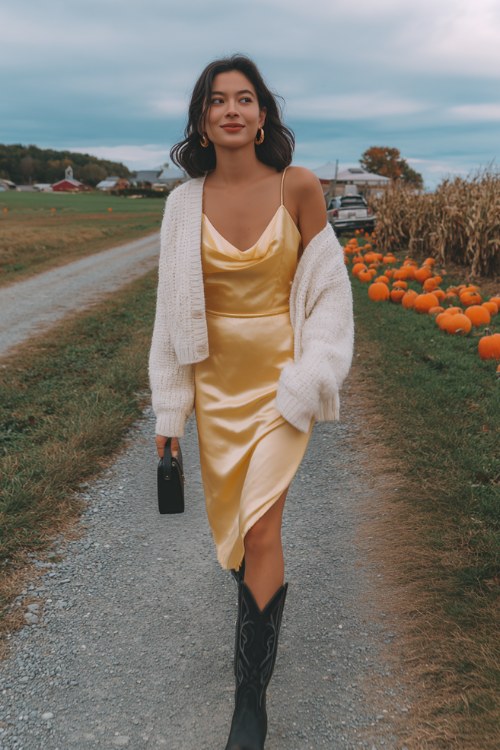 A woman wears a goldenrod satin slip dress with a cropped cream cardigan and black cowboy boots