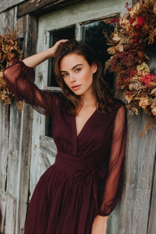 a woman in a burgundy fit-and-flare dress with pleated skirt and sheer long sleeves
