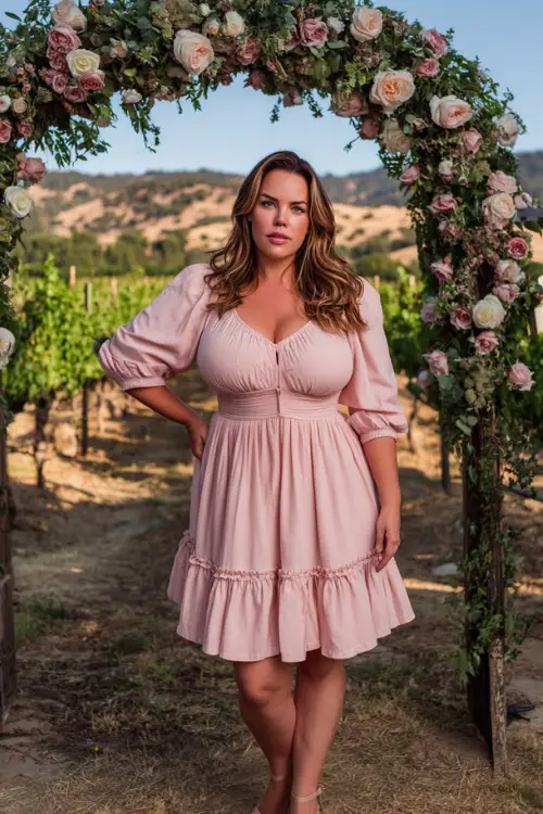 A plus-size woman over 50 in a blush pink midi dress with tiered ruffles and puff sleeves, posing beside a flower arch in an outdoor vineyard ceremony
