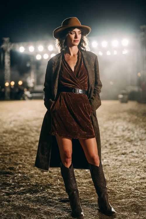 A woman wears a velvet wrap dress layered with a long wool coat, styled with tall cowboy boots and a wide-brim felt hat, standing in front of a night concert stage glowing with spotlights