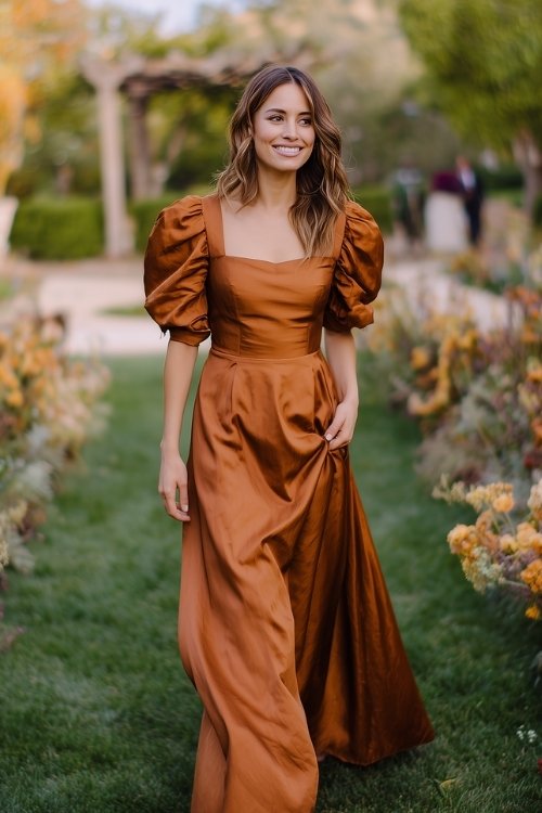 a woman in a copper-colored satin dress with puff sleeves and flowing skirt