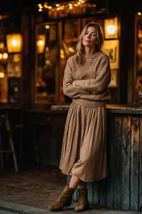 A woman over 40 wearing a camel cashmere sweater tucked into a pleated midi skirt with suede boots, standing near a rustic fall pub with warm golden lights