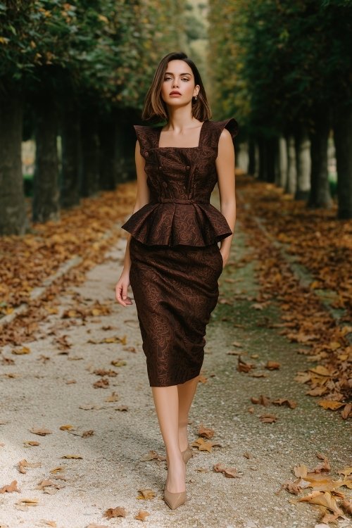 A petite woman wears a chocolate brown brocade midi dress with a sculptural peplum waist and structured shoulders, (1)