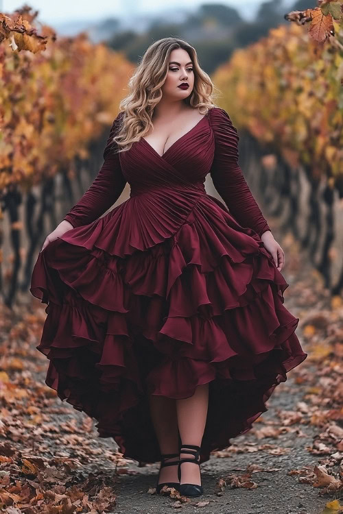 A plus-size woman wears a burgundy ruffled wedding guest dress with black heels