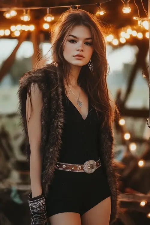 A young woman in a faux fur vest, a black ribbed knit dress, and tall heeled cowboy boots