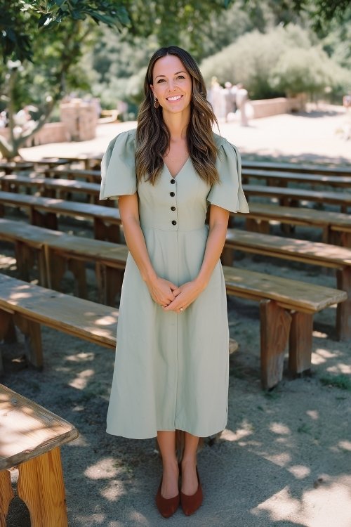 A woman in a sage green cotton midi dress with a button-down front and flutter sleeves