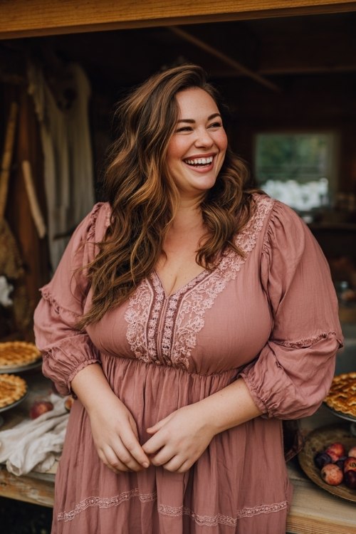 a plus size woman in a dusty rose swing dress with bishop sleeves and embroidered neckline