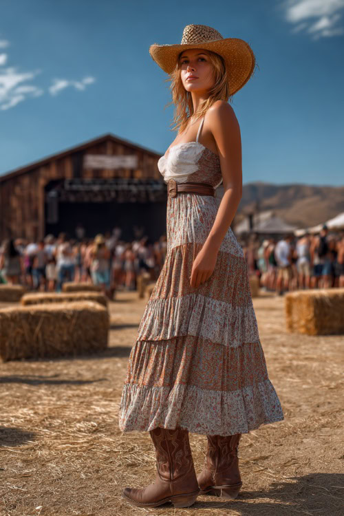 A woman wearing a sleeveless maxi dress with tiered layers, styled with classic brown cowboy boots and a wide-brim straw hat